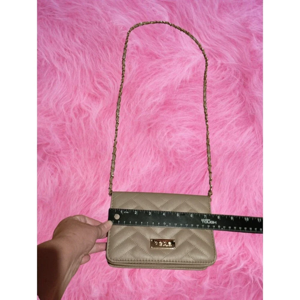 Bebe Beige Brown Quilted Crossbody Shoulder Bag with Gold Chain Strap